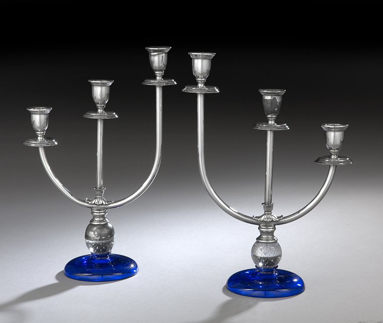 Pair of Pairpoint Silverplate & Glass Candelabra: Pair of Pairpoint Silverplate and Glass Candelabra, 20th century, the cobalt glass base and clear bubble ball knop supporting three candle arms of varying heights, h. 13", w. 9".