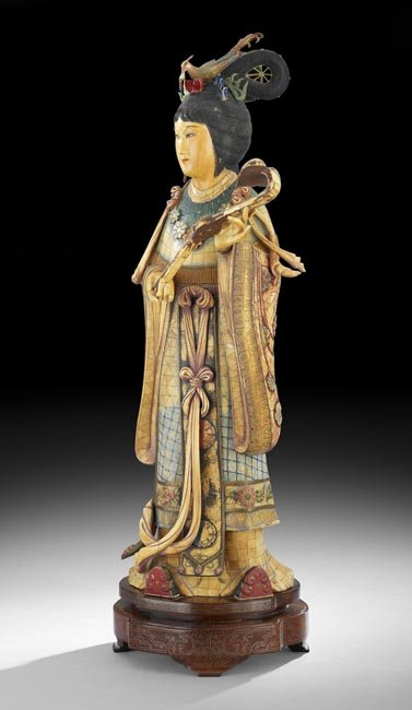Chinese Carved Figure of an Empress: Chinese Carved Figure of an Empress Holding a Scepter, late 19th century, in polychromed bone and ivory over a wood frame, h. 33", w. 12".