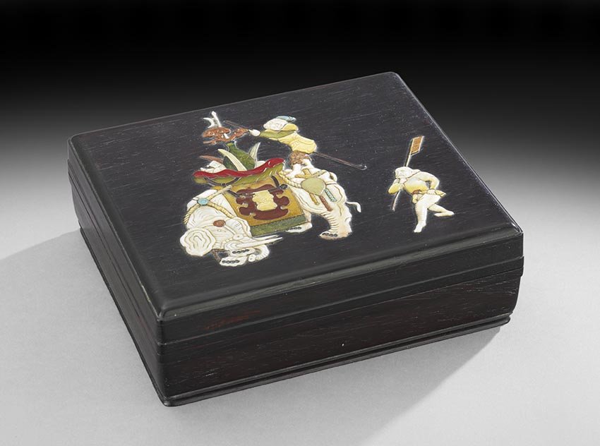 Chinese Pietra Dura Box: Chinese Pietra Dura Box, 19th/20th century, the zitan wood box inlaid with polished hardstone, bone and mother-of-pearl, depicting a figure holding a ruyi scepter atop an elephant, a second figure bes