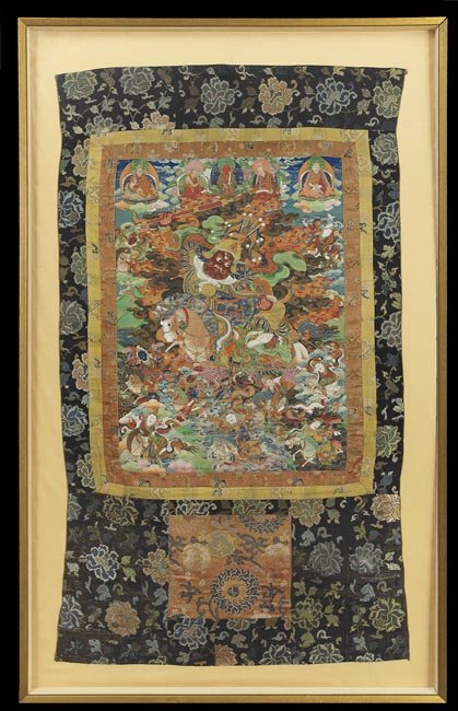 Indo-Tibetan Thangka of Red Vaishravana: Indo-Tibetan Thangka of Red Vaishravana, 18th century or earlier, distemper on cloth, the vibrantly-painted thangka depicting the Buddhist King of the North Vaishravana in battle, astride a white hors