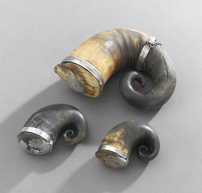 Three Sterling Silver-Mounted Horn Snuff Mulls: Three Anglo-Scottish Sterling Silver-Mounted Ram's Horn Snuff Mulls, first half 19th century, including a large example hallmarked London, 1811-1812, by John Douglas, with reeded silver collar and ban
