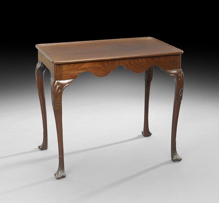 George III Mahogany Tray-Top Tea Table: George III Mahogany Tray-Top Tea Table, mid-18th century, with shell-carved knees and unusual trifid feet, h. 28", w. 32", d. 20-1/2".