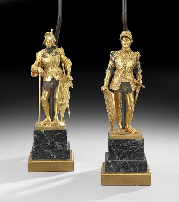 Pair of Bronze Figures of Arthur & Theodoric: Pair of Gilt-Bronze Figures of King Arthur and King Theodoric, after Peter Vischer the Elder (German, 1455-1529), now mounted as lamps, on giltwood and verde antique marble bases, figure, h. 13", over
