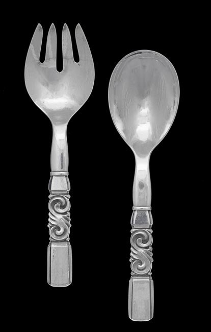Pair of G. Jensen "Scroll" Sterling Salad Servers: Pair of Georg Jensen "Scroll" Sterling Silver Salad Servers, designed in 1927 by Johan Rohde (1856-1935), Copenhagen, with the post-1945 Jensen mark, l. 9-1/4", 6.94 total t. oz.