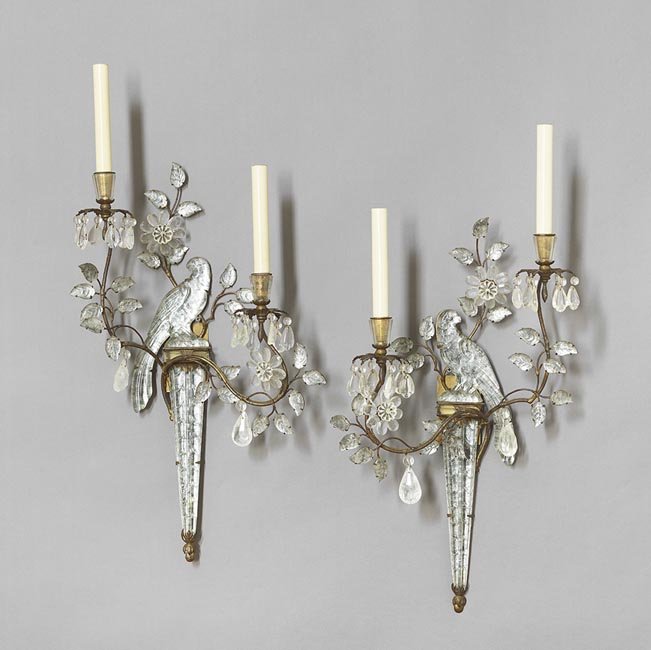 Pair of French-Style Sconces: Pair of French-Style Gilt-Metal and Faux Rock Crystal Two-Light Sconces, each with a backplate depicting a phoenix bird atop a quiver, and having crystal flowers and leaves ornamenting the branches, h