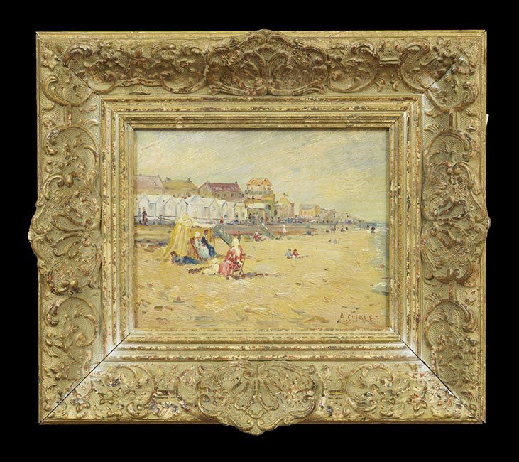 Andre Chalet (French, b. 1954): Andre Chalet (French, b. 1954), "At the Beach", oil on wood panel, signed lower right, 7-1/4" x 9-1/4". Framed.