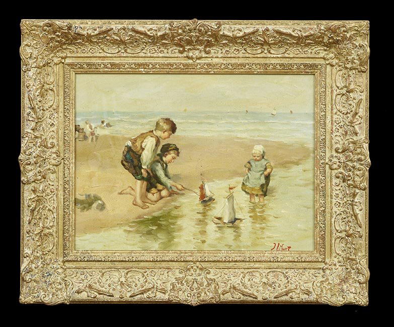 Jean Lefort (French, b. 1948): Jean Lefort (French, b. 1948), "The Boat Race", oil on panel, signed lower right, 12" x 16". Framed.