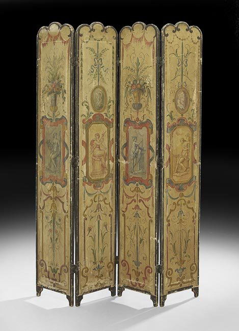 French Four-Fold Screen: French Four-Fold Screen, late 19th century, in the neoclassical taste, each narrow canvas fold with a central medallion of a classical figure, en grisaille and en rouge, vertically flanked by various