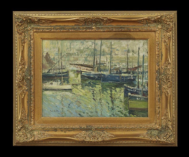 Paul Bernard King (American, 1867-1947): Paul Bernard King (American, 1867-1947), "Harbor View", oil on canvasboard, signed lower left, "Carlisle Gallery, Huntsville, Alabama" label verso, 12" x 16". Framed.