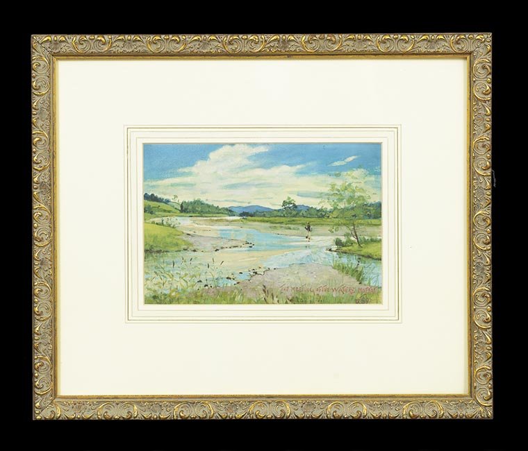 British School (Fourth Quarter 19th Century): British School (Fourth Quarter 19th Century), "The Meeting of the Waters, Moffat, Scotland", 1897, watercolor on paper, titled lower right, monogrammed and dated lower right, 6-1/2" x 9-1/2". Glazed,