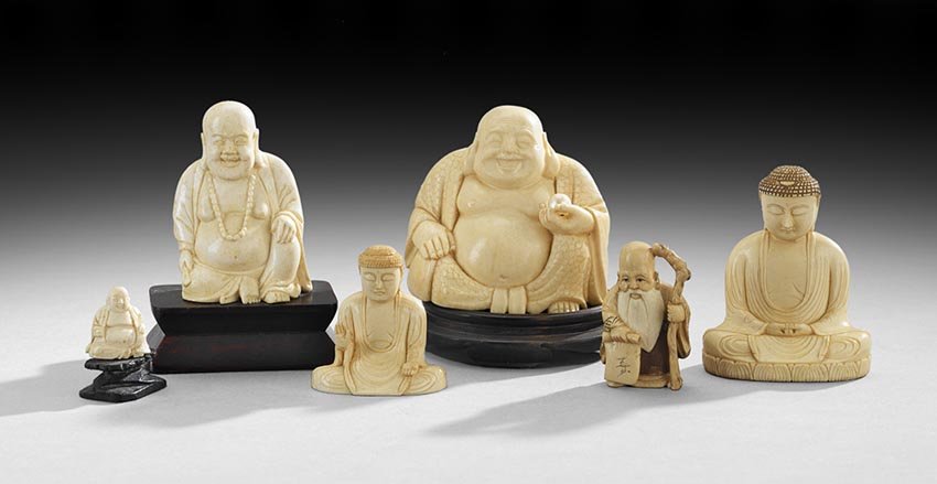 Six Japanese Ivory Buddhas: Six Japanese Ivory Buddhas, 19th century, including netsuke and carved figures, three of Hotei, one of a sage and two seated meditating figures, four signed on the underside, the tallest, h. 4", the w