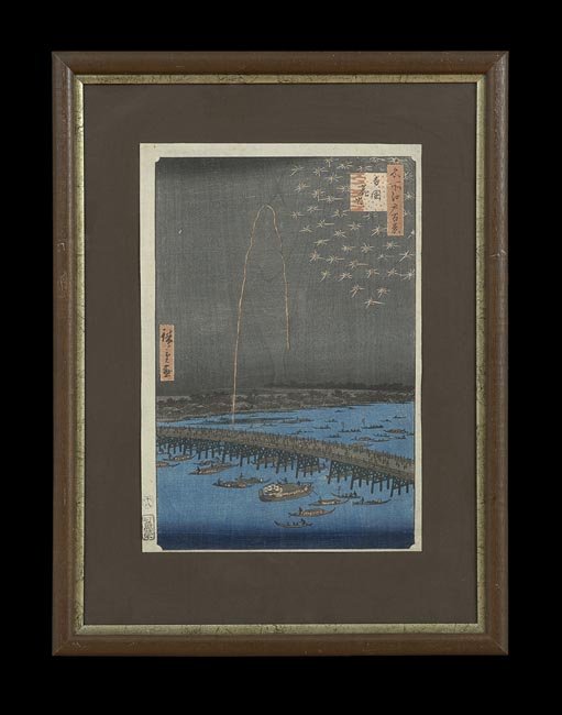 Woodblock by Ando Hiroshige (Japanese, 1797-1858): Woodblock by Ando Hiroshige (Japanese, 1797-1858), "Fireworks at Ryogoku", Japan, ca. 1858, color woodblock print on paper, no. 98 from the series "One Hundred Famous Views of Edo", h. 20-1/4", w. 15-