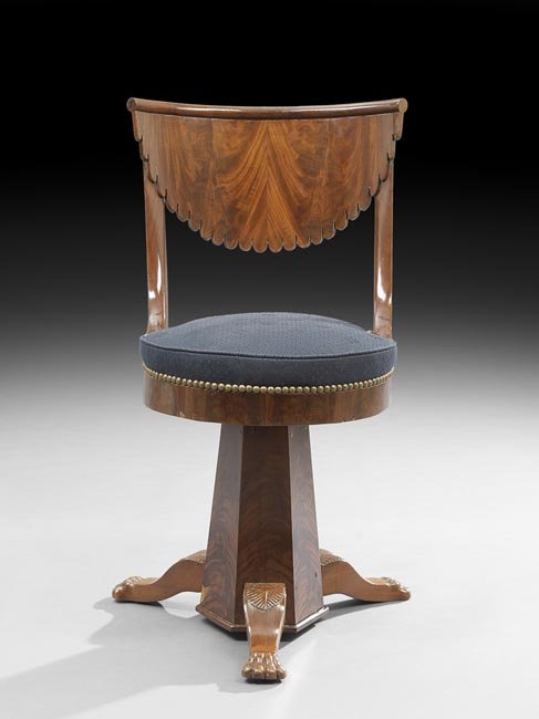 Continental Mahogany Piano Stool: Continental Mahogany Piano Stool, mid-19th century, the curved demi-lune back with a scalloped base, the rotating circular padded seat raised on a paneled columnar standard to four splayed legs headed