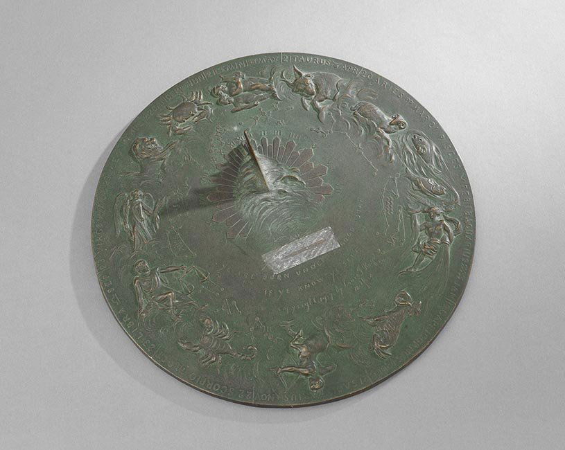 Cast Bronze Sundial with Signs of the Zodiac: Cast Bronze Sundial with Signs of the Zodiac, after Louis F. Ragot (Franco-American, 19th/20th century), first quarter 20th century, Pennsylvania, inscribed "Ye are born under a good star, if ye know