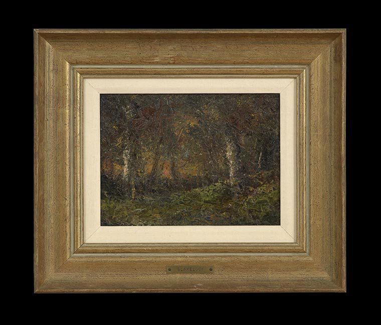 Attr. to Ralph A. Blakelock (American, 1847-1919): Attributed to Ralph Albert Blakelock (American, 1847-1919), "Wooded Landscape at Sunset", oil on canvas, unsigned, 9" x 12". In a giltwood frame.