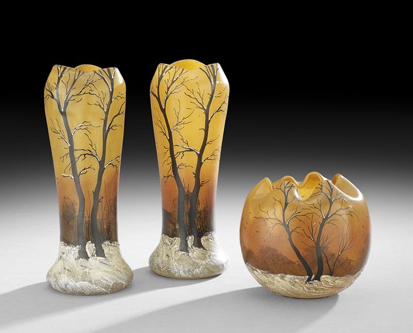3-Piece French Art Glass "Winter Scene" Garniture: Three-Piece French Blown and Enameled Art Glass "Winter Scene" Garniture, ca. 1900, decorated in the Art Nouveau style and signed "Legras" in the "snow", with ruffled edges, the set comprised of a pai