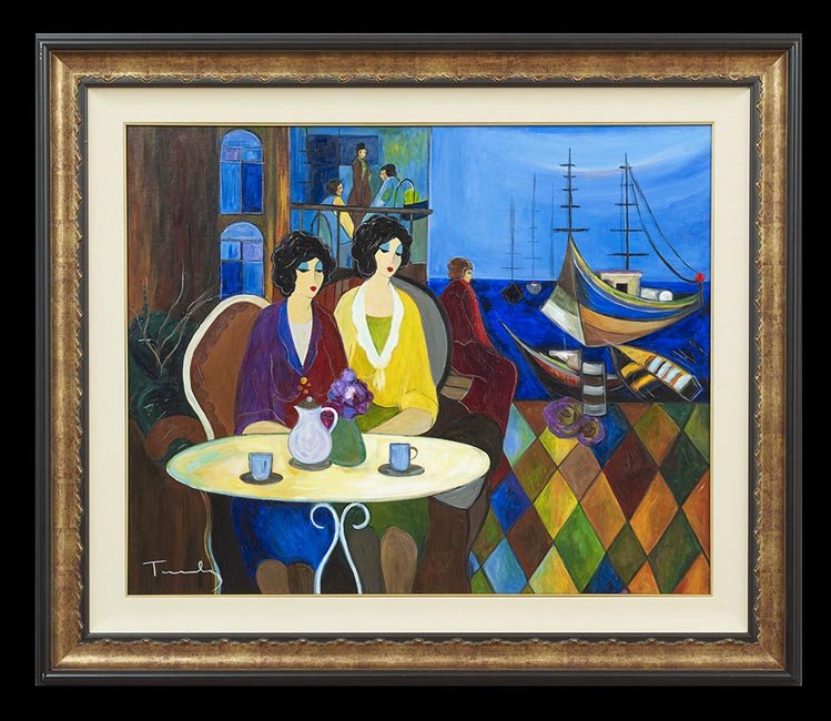 Itzchak Tarkay (Serbian/Israeli, 1935-2012): Itzchak (Isaac) Tarkay (Serbian/Israeli, 1935-2012), "Reacquainting at the Marina", acrylic and chalk on canvas, signed lower left, 32" x 40". Framed