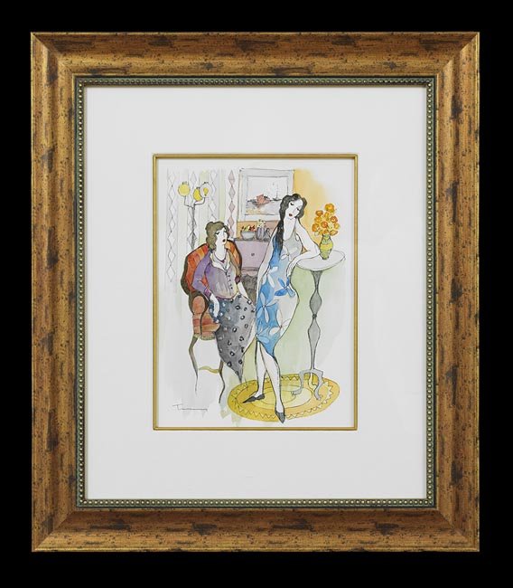 Itzchak Tarkay (Serbian/Israeli, 1935-2012): Itzchak (Isaac) Tarkay (Serbian/Israeli, 1935-2012), "A View of the Sea", watercolor and ink on paper, signed lower left, sight 15" x 11". Glazed, matted and framed.