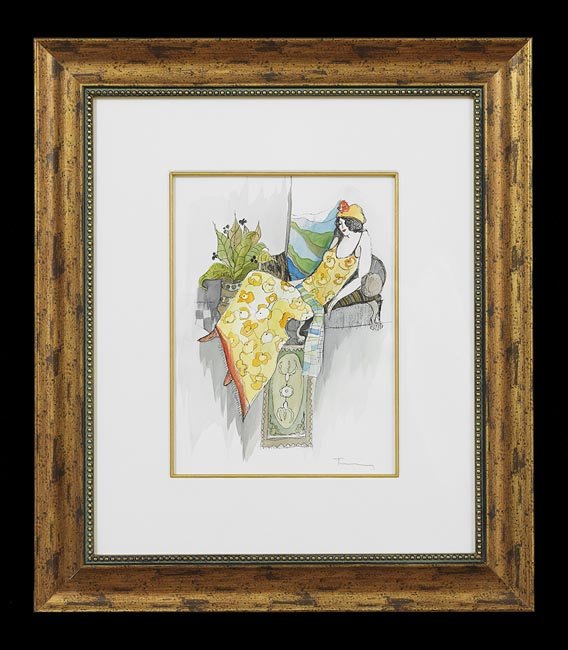 Itzchak Tarkay (Serbian/Israeli, 1935-2012): Itzchak (Isaac) Tarkay (Serbian/Israeli, 1935-2012), "Afternoon Satisfaction", watercolor and ink on paper, signed lower right, sight 15" x 11". Glazed, matted and framed.