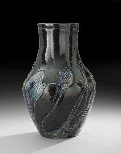 Jean-Claude Novaro (French, b. 1957): Jean-Claude Novaro (French, b. 1957), 2006, large black glass vase with applied abstract decoration, the pontil fully signed and dated, h. 20-3/4".