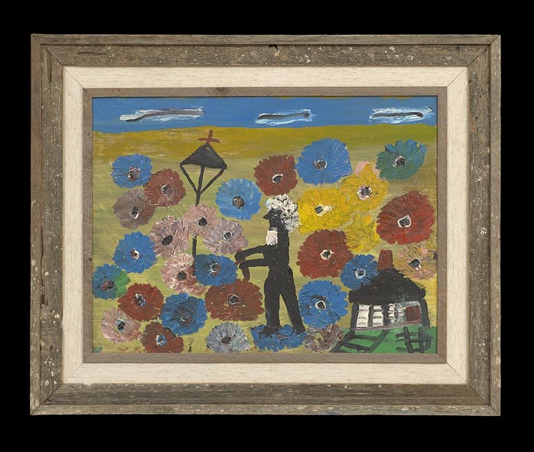 Clementine Hunter (American/Louisiana, 1886-1988): Clementine Hunter (American/Louisiana, 1886-1988), "Uncle Tom's Flower Garden", oil on Fredrix canvas panel, monogrammed lower right, 18" x 24". Presented in a weathered pine frame.