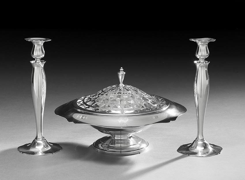 Wallace "Antique" Sterling Table Garniture: Three-Piece Wallace Sterling Silver "Antique" Dining Table Garniture, the pattern introduced in 1926, Wallingford, Connecticut, including a flower bowl, h. 8-1/2", dia. 13", and a pair of candlesticks