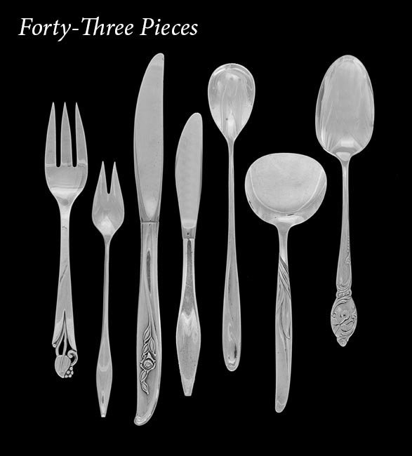 43 Pcs.of Mid-Century Modern Sterling Flatware: Forty-Three Pieces of American Mid-Century Modern Sterling Silver Flatware, including patterns: Westmoreland "Enchanted Orchid", International "Rose Ballet", Reed & Barton "Lark" and "Silver Sculpture