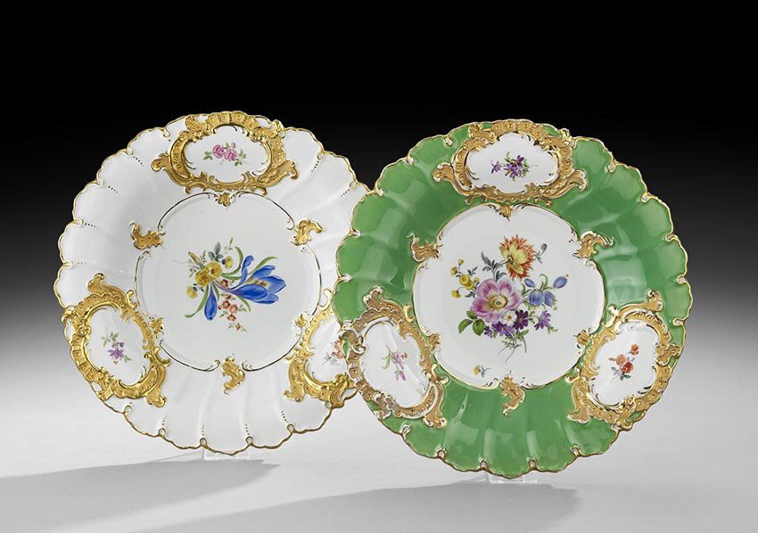 Two Hand-Painted Meissen Dishes: Two Hand-Painted Meissen Dishes, ca. 1951-1953, German, each with tooled gilt cartouches and decorated with hand-painted flowers, marked with crossed sword marks with a dot near the footing and two in
