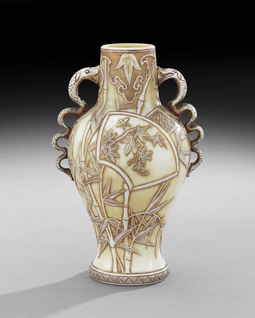 Thomas Webb "Ivory" Cameo Glass Vase: Thomas Webb "Ivory" Cameo Glass Vase, fourth quarter 19th century, English, the faux ivory vase decorated in the Japanese taste with dragon-form handles, marked "Thomas Webb & Sons", h. 6-1/2", dia. 3