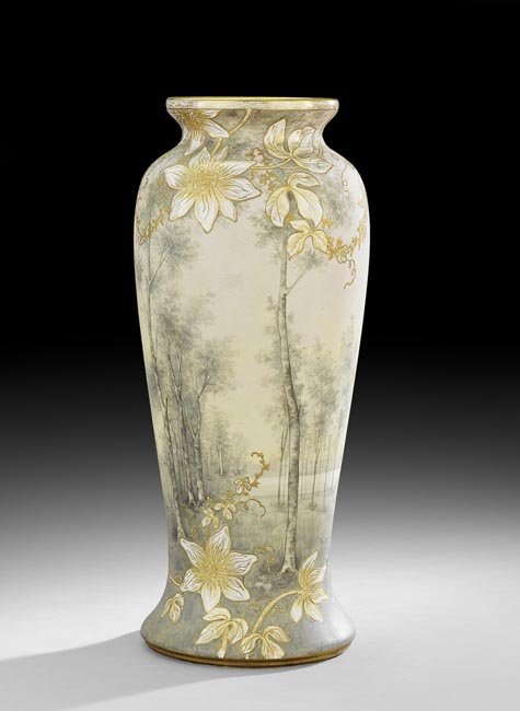 Royal Bonn Raised-Gilt Art Nouveau Pottery Vase: Large Royal Bonn Hand-Painted and Raised Gilt Art Nouveau Pottery Vase, ca. 1900, German, the impressionistic forest ground overlaid with raised gilt passion flowers and vines, signed by the Franz Ant
