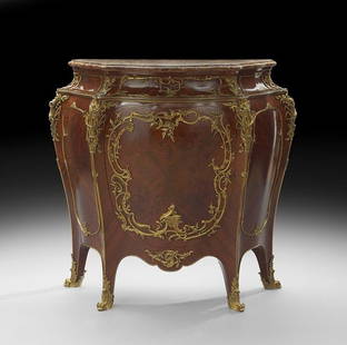 Victor Raulin Meuble d'Entre Deux: Victor Raulin, Paris, Gilt-Bronze-Mounted Kingwood and Mahogany Meuble d'Entre Deux, ca. 1900, the rosso antico marble top over a bombe-form cabinet veneered with mahogany and kingwood inlay, and havi