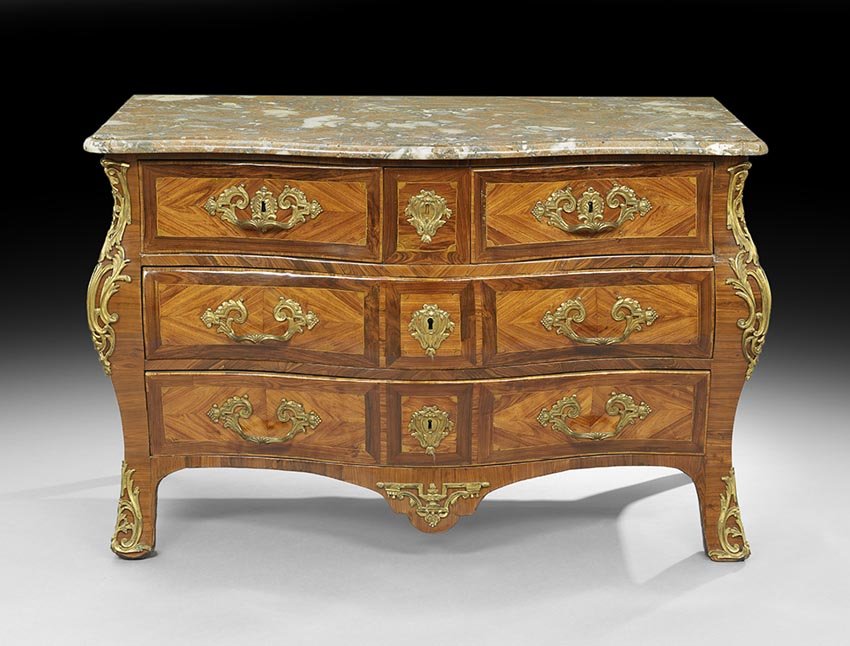 Louis XV Kingwood and Marble-Top Commode: Louis XV Kingwood and Marble-Top Commode, 18th century, by Leonard Boudin, Paris, the shaped Rouge Royal marble top with molded edge and bowed front, above a conforming bombe case fitted with two shor