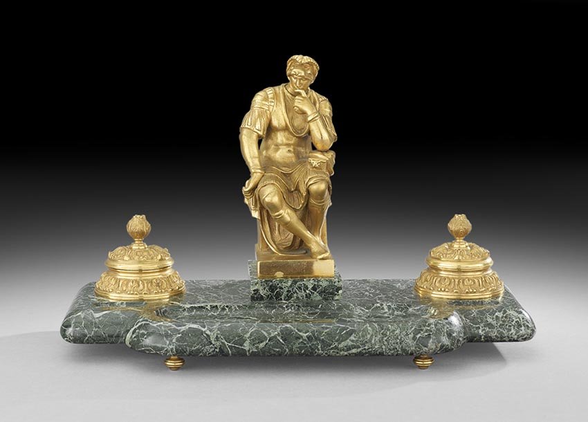 French Belle Epoque Gilt-Bronze & Marble Encrier: French Belle Epoque Gilt-Bronze and Marble Encrier, ca. 1900, in the neoclassical taste, the gilt-bronze toupie feet supporting the verde antique marble base, with inset pen rest, and a pair of gilt-b
