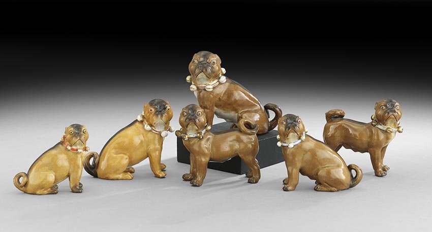 Six English Staffordshire Porcelain Pugs: Six-Piece Collection of English Staffordshire Porcelain Pugs, fourth quarter 19th century, some depicted seating and some standing, with various bells and collars, h. 3-1/4" to 4-1/2".