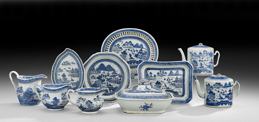 Collection of Chinese Export Canton Dinnerware: Ten-Piece Collection of Chinese Export Blue and White Canton Dinnerware, second quarter 19th century, including a covered vegetable dish, h. 6", w. 11", a hot water dish, dia. 9", two drum-form teapot