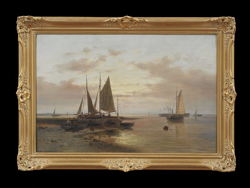 Abraham Hulk I (Dutch/French, 1813-1897): Abraham Hulk I (Dutch/French, 1813-1897), "Fishermen on the Beach at Sunset", oil on canvas, signed lower left, 16" x 24". Framed.