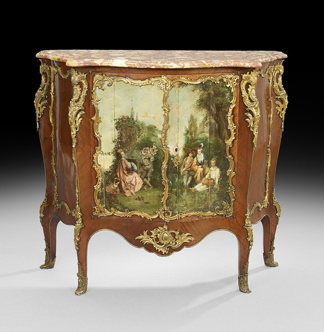Louis XV-Style Kingwood and Marble-Top Cabinet: Louis XV-Style Kingwood and Marble-Top Cabinet, late 19th century, the shaped and bowed Breche marble top above a conforming case fitted with two doors, each with ormolu banding and featuring a painte