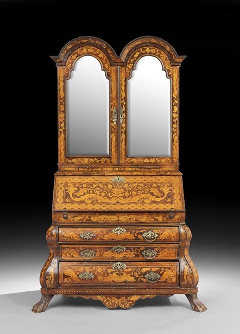 Dutch Walnut and Marquetry Secretary: Dutch Walnut and Marquetry Secretary, 19th century, the molded and double-domed cornice above two doors, each inset with a domed beveled mirror plate, over two pull-out candle slides, over a slant-fro