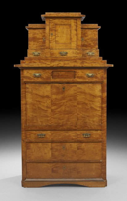 Biedermeier Fruitwood Secretaire a Abattant: Biedermeier Fruitwood Secretaire a Abattant, second quarter 19th century, the superstructure with a pyramidal crest above a breakfront arrangement of three cupboards over three drawers, the lower sect