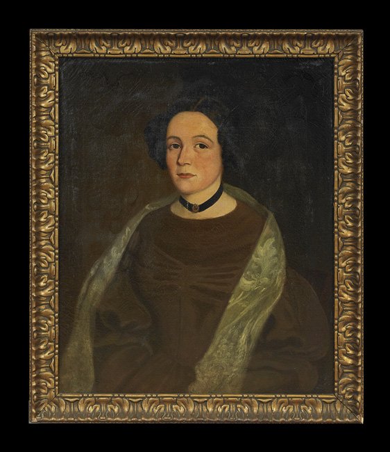 Continental School (Second Quarter 19th Century): Continental School (Second Quarter 19th Century), "Portrait of a Lady with a Lace Shawl" and "Portrait of a Gentleman in a Yellow Vest", pair of oils on canvas, unsigned, 31" x 25". Presented in match