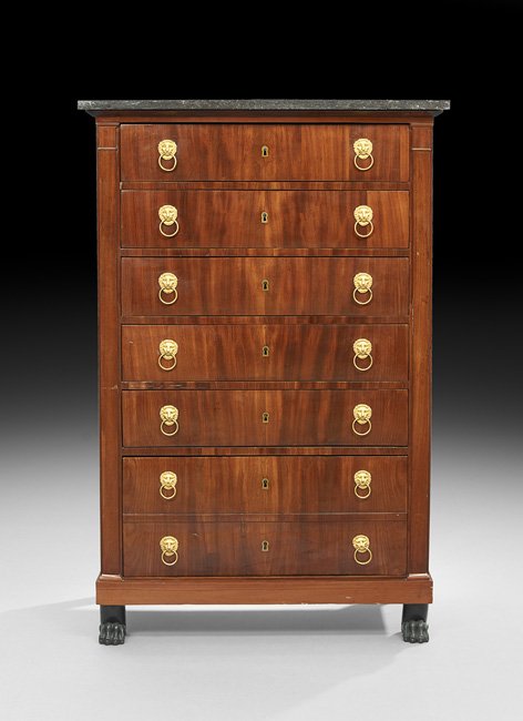 Empire-Style Mahogany and Marble-Top Semainier: Empire-Style Mahogany and Marble-Top Semainier, 19th century, the rectangular charcoal marble top above a conforming case fitted with six drawers, the bottom deep drawer faced as two drawers, raised o