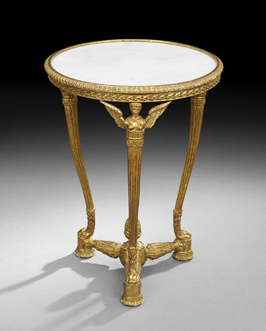 Empire-Style Marble-Top Occasional Table: Empire-Style Giltwood and Marble-Top Occasional Table, 19th century, the circular white marble top within a gadroon-modeled banding and above a leaf- and berry-carved frieze, raised on reeded supports