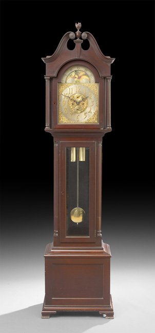 American Waltham Tall Case Clock: American Colonial Revival Waltham Clock Company, Mahogany Single Tube Tall Case Clock, ca. 1900, having an eight-day movement with time and strike on a single long tube, h. 95", w. 24", d. 15".