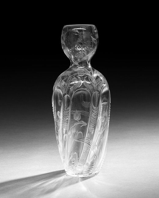 Art Nouveau Cut and Engraved Colorless Glass Vase: Unusual Art Nouveau Cut and Engraved Colorless Glass Vase, ca. 1900, English, decorated in the manner of Thomas Webb, with swirling flowers and leaves crossing the cut panels, and a star-cut bottom, h