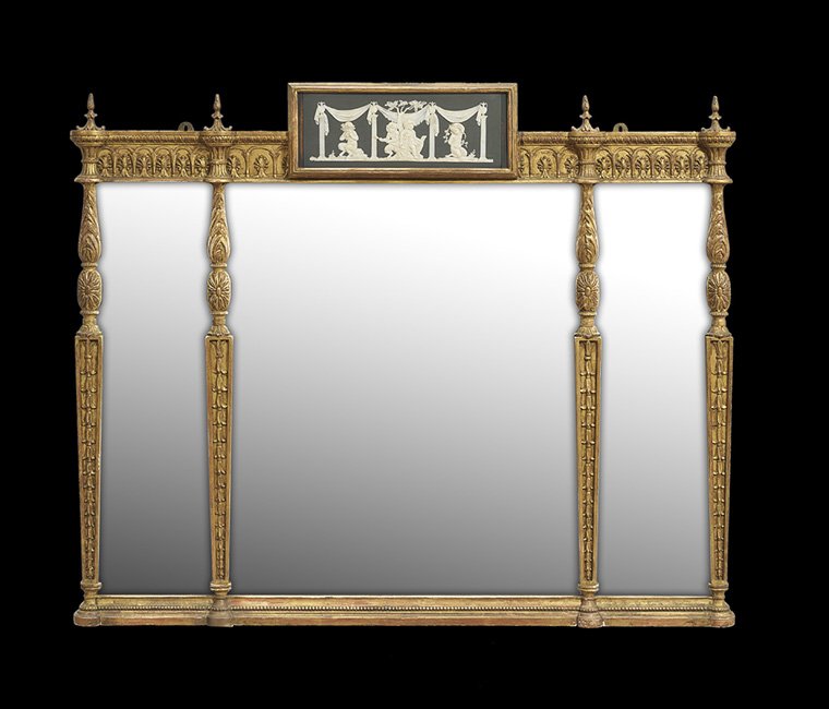 English Giltwood and Jasperware Overmantel Mirror: English Giltwood and Jasperware Overmantel Mirror, first quarter 20th century, in the Adam style, in three parts and molded with acanthus leaves, paterae and bellflowers, the black jasperware crest ta