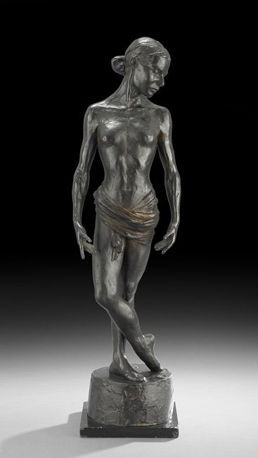 Enzo Plazzotta (Italian/British, 1921-1981): Enzo Plazzotta (Italian/British, 1921-1981), "Dancer", patinated bronze, stamped and numbered 4/9 at edge of base, foundry mark at front of base, h. 29", w. 7-1/2", d. 8". Provenance: Estate of Lillia