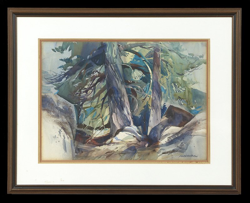 Robert E. Wood, N.A. (USA/California, 1926-1999): Robert E. Wood, N.A. (American/California, 1926-1999), "Green Valley Pines", watercolor on paper, sight 20-1/2" x 29". Glazed, matted and framed.
