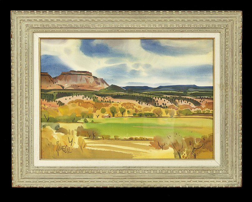 James Milford Zornes (USA/California, 1908-2008): James Milford Zornes (American/California, 1908-2008), "Southwest Landscape", 1982, watercolor on paper, signed and dated lower left, sight 20-1/2" x 29-1/2". Glazed and framed.