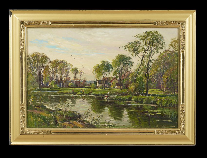 Wayne Beam Morrell (American, 1923-2013): Wayne Beam Morrell (American, 1923-2013), "Country Landscape with Figures Fishing", oil on board, signed lower right, 23-1/2" x 36-1/4". Framed.