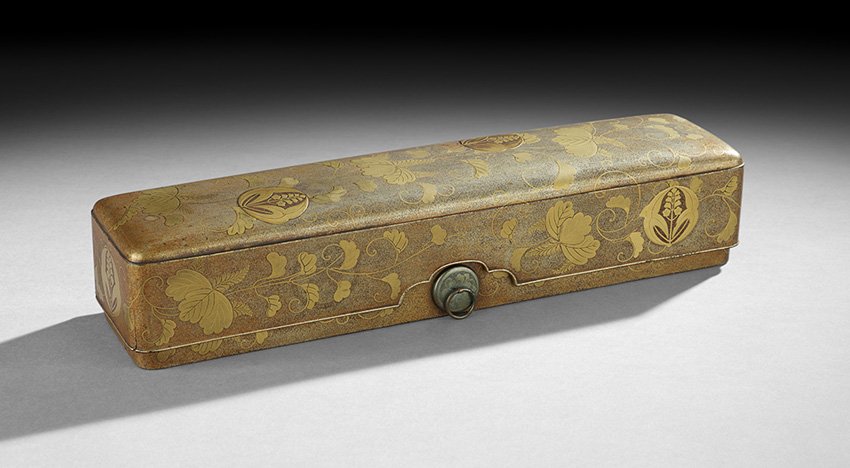 Japanese Gilt and Lacquered Box: Japanese Gilt and Lacquered Box, late Edo period, 19th century, the rectangular box with rounded edges, covered with a scrolling vine motif that continues over the sides on a nashiji ground, h. 2-1/2"